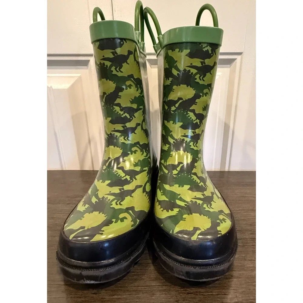 Blue Mountain Kids Dinosaur Rain Boots Size 13T Waterproof Rubber Pull On Green